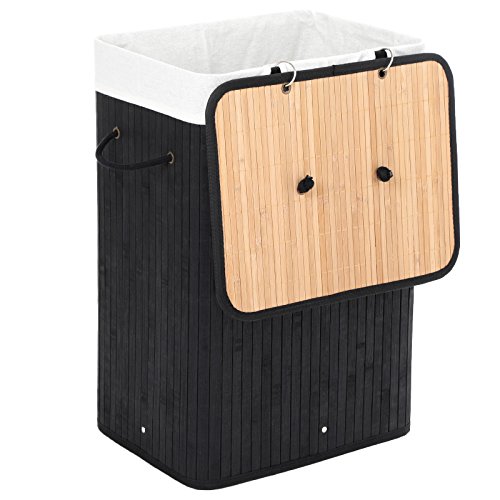 Songmics 3 Griffe Faltbar Bambus Wäschekörbe Wäschebox Wäschetruhe Wäschesammler Wäschetonne Wäschewagen Schwarz Eckig LCB10H - 7