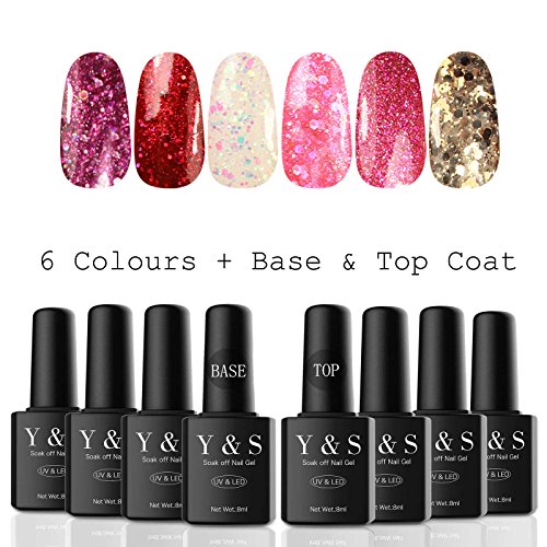 Y&S 8ML UV LED Soak Off Gel Nail Polish Glitter Nail Salon Manicure Starter Kit Including 6 Colours Gel Polish And Base Coat and Top Coat #009
