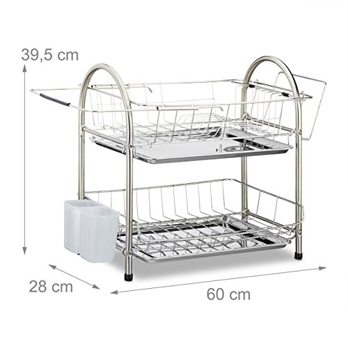 Relaxdays Abtropfgestell 2 Etagen, Besteckhalter Abtropfgitter Abtropfschale, Edelstahl HxBxT: 39,5 x 60 x 28 cm, silber - 2