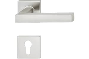 JUVA Set di maniglie di design in acciaio inox | 1 Pezzo Maniglia per porta quadrata su rosetta per porte di camere - LDH 2166 | Cilindro PZ | Acciaio Inox Satinato Spazzolato | 1 Set