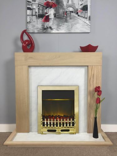 Natural Light Oak White Marble Effect Electric Fireplace Fire Surround (With Brass Fire)