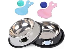 RTRH CraftZon 2 Pcs Cat Bowls with 2 Spoons and 2 Cat Toys Anti-Skid Cat Bowl with Curved Sides to Prevent Whisker Fatigue Stainless Steel Dog Bowls with Rubber Base kitten Puppies Rabbits (Small)