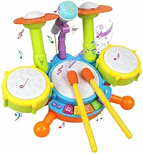 VAIKUNTH Enterprise Kid Musical Jazz Drum Set Electric Toys Toddler Musical Instruments Playset Flash Light Toy with Adjustable Microphone, Gift for 3 4 5 6 Year Old Boys and Girls