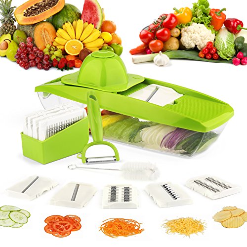 Cortador de verduras, Coolife Mandolina 8 en 1 Máquina de Cortar los Alimentos, 5 Afiladas Cuchillas de Corte Intercambiables de Acero Inoxidable, Un Protector para Las Manos, Un Cepillo y Un Pelador