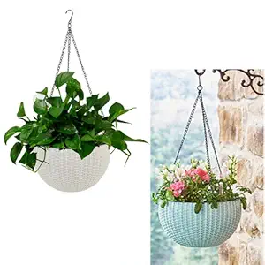 Antier (White and Light Blue) 2 pcs Round Plastic Resin Chain Basket Hanging Planter Hanging Flowers and Plants,Growers