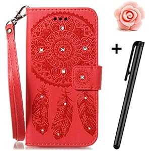 Galaxy A5 2016 Bling Flip Hülle,Samsung Galaxy A5 2016/A510 Leder Schutzhülle,TOYYM Glitzer Diamant Strass 3D Muster Design Folio PU Leder Wallet Full Body Protection Case mit Standfunktion Karteneinschub und Magnetverschluß,Bookstyle Flip Cover Brieftasche Handytasche Innere Bumper Back Case Etui Hüllen für Samsung Galaxy A5 2016/A510f-Dreamcatcher,Rot