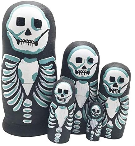 BBYaki Scary Black Bone Skeleton Nesting Doll Wooden Matryoshka Handmade Stacking Toy Set 5 Pieces for Kids Girl Home Decoration