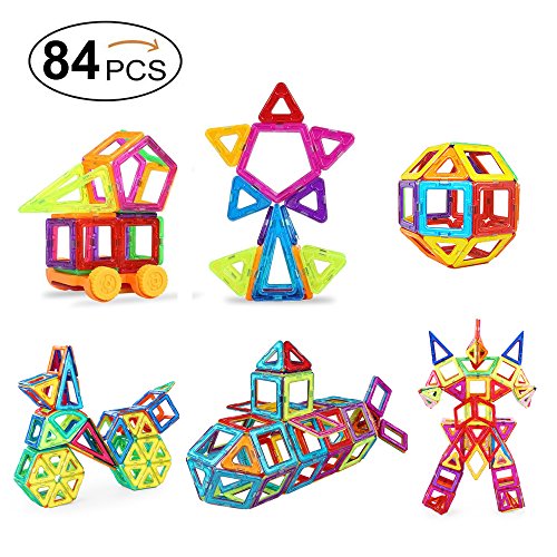 Preisvergleich Produktbild Mini Magnetische Bausteine, 84 Stück Satz Konstruktionsbausteine Spielbausteine für Kleinkinder und Eltern, 48 Magnetische Bausteine + 38 Nicht Magnetisch Zubehör