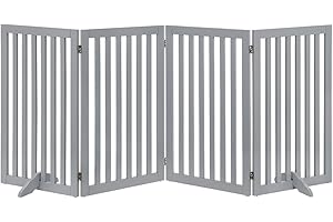 unipaws Freestanding Pet Gate, Folding Wooden Dog Gate, Indoor Barrier with 2PCS Support Feet (203cm Wide, 91cm Height, 4 Panels) Light Grey