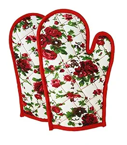 Shalinindia Cotton Oven Mitts Printed Set Of 2 Quilted Cooking Gloves,Og02-6904,Red,8 X12 Inch