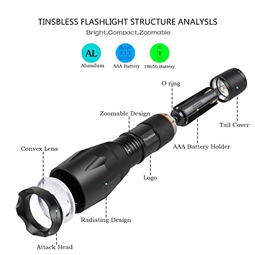 Taktische LED Taschenlampe, Tinabless 1000 Lumens Zoombare einstellbare Focus Taschenlampe - fünf Modi, Hilight LED CREE XML T6 Taschenlampe - Schwarz Doppel