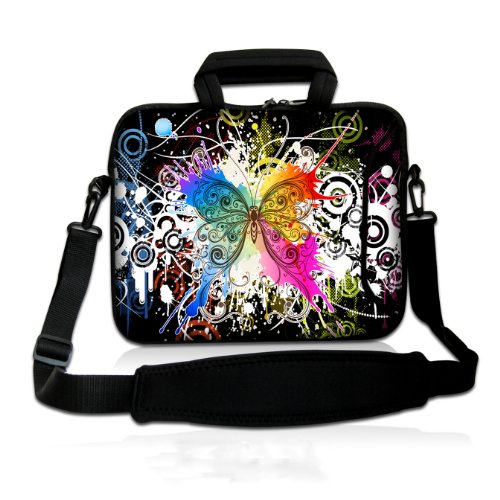 wortek Universal Notebooktasche Schutzhülle aus Neopren mit Zusatzfach, Tragegriff und Tragegurt für Laptops bis ca. 15,4 Zoll - Schmetterling Bunt