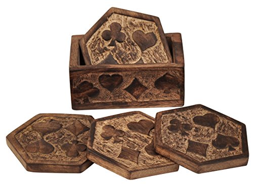 icrafts Set von 4 Mangoholz Getränke Untersetzer mit Halter 10,2 cm ? Handarbeit Casino Untersetzer für Gläser/Bar & Esstisch Zubehör/Bier Dosen - 3