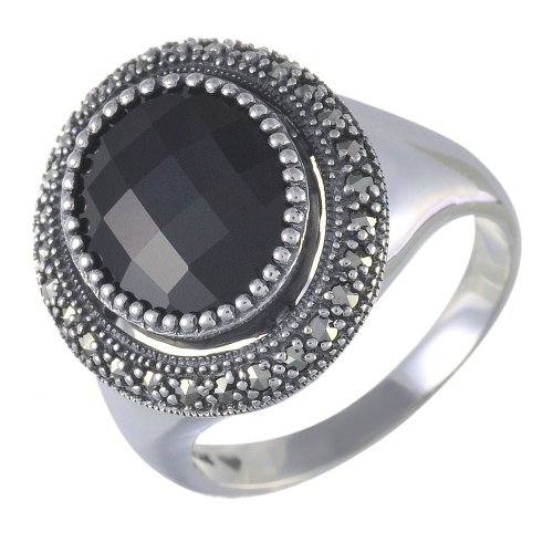 Esse Marcasite Damen-Ring 925er Sterling-Silber 6,984g Markasit / Onyx 214R4421-02/AML