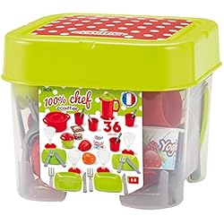 Jouets Ecoiffier - 2603 - Coffret dînette 100 % Chef - Vaisselle, ustensiles de cuisine et aliments - 36 pièces - Dès 18 mois - Fabriqué en France