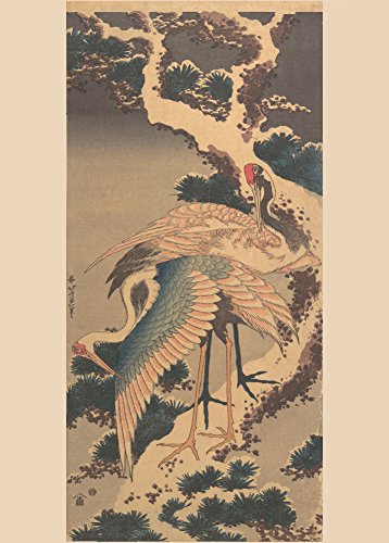 Hokusai Cranes on a Snowy Pine. Giappone 18 - XIX secolo 250 gsm A3 Gloss Art di Riproduzione Poster