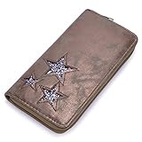 LEDER & EIGENSCHAFTEN: Vintage Retro Stil Metallic Effekt Nubuck Kunstleder. Sterne aus Glitzer Pailletten. Metallische Teile silberner Farbe.