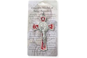 Catholic Gift Shop Saint Benedict Crucifix Red & Lourdes Prayer Card
