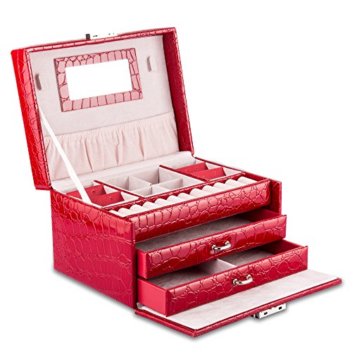 Intirilife – Abschließbarer Schmuck-Koffer Schmuck-Box Schmuck-Kästchen Schmuck-Aufbewahrung mit Spiegel, 2 Schubfächern und Kroko-Kunstleder in ROT