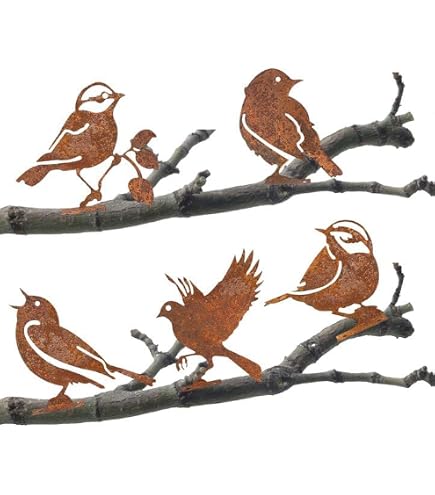 Déco Jardin Métal Rouillé Dubbulon - Décoration Jardin Oiseaux En Métal Rouillé - 5 Pièces Sur Branche - Style Rétro Decoration Jardin