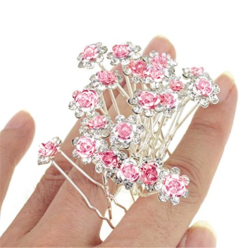 tianqin WY Lovely Charming 20pcs Boda Novia Baile Partido Crystal brillantes de metal en forma de U horquillas perla flores pelo Clips Clips de dama