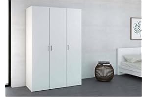 Dmora Armario de Tres Puertas batientes con Cuatro estantes Interiores y Barra para Colgar, Color Blanco, 115 x 175 x 49 cm, Madera de ingeniería, 3 Ante