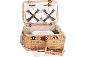 Les Jardins de la Comtesse - Panier Picnic Trocadéro - Complet pour 4 Personnes - Compartiment Amovible - Assiettes en Céramique et Verres à Vin en Verre - Tissu Beige à Pois Blancs - 50 x 33 x 25 cm