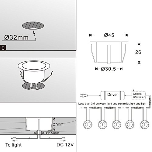 10er Set Treppen Bodeneinbauleuchten Aussen 1W Ø45mm IP67 Wasserdicht Einbaustrahler Terrasse Küche Garten Led Lampe (Warmes Weiß) - 5