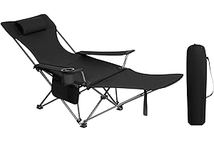 WOLTU Sedia da Campeggio Portatile Reclinabile, Sedia Pieghevole Esterno con Poggiapiedi, Poggiatesta e Borsa da Trasporto, per Pesca, Giardino, Nero