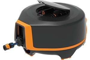 Fiskars Waterwheel XL, All-Inclusive-Bewässerungs-Set, 25 m Gesamtreichweite, Automatisches Einziehen, Gartenschlauch in Universalgröße (Ø 13 mm), Universal-Hahnverbinder, Schwarz/Orange, 1025932