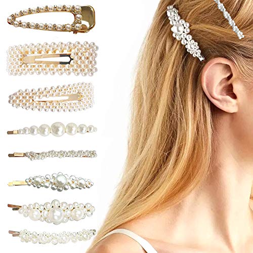 Horquillas de perlas para cabello grueso Mujeres Chicas Dama, Moda elegante Perla blanca Clips de flores Barrettes para el peinado (8PCS, Oro)