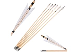 SHARROW 6/12pcs Tir à l'arc Flèches de Bois Flèches de Chasse Traditionnelles Arbre de Flèche en Bois avec 5" Plumes Naturelles Métal Pointe de Flèche
