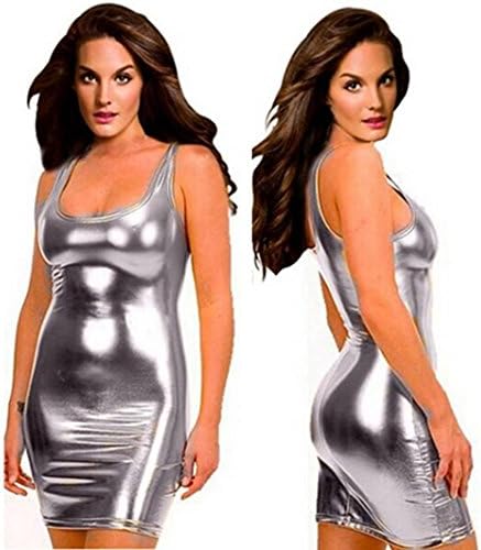 Women Gothic Metallic Bodycon Mini Dress Wet Look Bodysuit Clubwear (Silver)