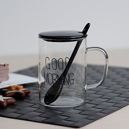 Good quality cup Glass tea cup with a cover with the spoon mug morning cup OF GOOD MORNING, black