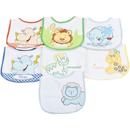 Lot de 7 bavoirs bébé avec jour de semaine et dessins animaux - avec Velcro