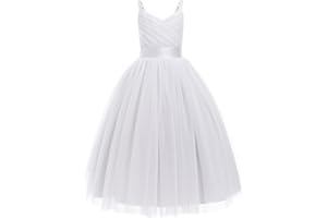 IWEMEK Fille Robe de Mariage Longue Robe de Demoiselle d'honneur Tutu Princesse en Spaghetti sans Manches Baptême fête Anniversaire Soirée Cocktail pour Enfants 6-14 Ans