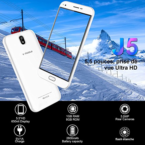 V J5 4G Smartphone Pas Cher 9Pcs 8Go ROM Ecran 5 5 Pouces 5MP Appareil Photo Android 7 0 2800mAh Batterie Double SIM Mobile Portable D  bloqu     Blanc 