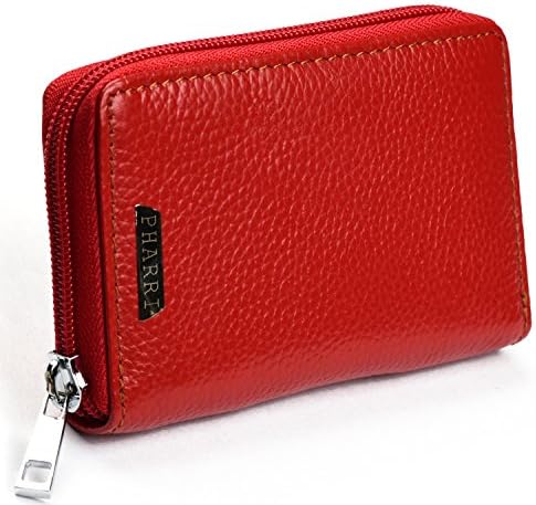 PHARRI Leather Credit Card Case Holder, Wallet ID Case with Zipper Closure Unisex Purse Organizer for Women Men (Red)