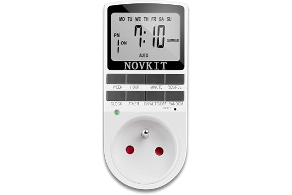 NOVKIT Programmateur Prise Électrique et Digitale, Minuterie Prise Numérique à 10 Programmes Journaliers Hebdomadaires avec Mode Anti-vol et Grand LCD écran, Économiser Électricité (Un Paquet)