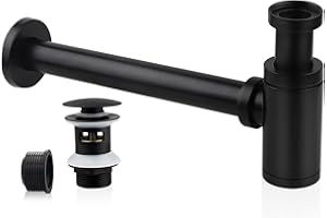 EXLECO Sifone Acciaio Inox 1 1/4" x Ø 32mm Universale per Lavabo con Piletta e Scarico Regolabile Individualmente per Lavabo con Troppopieno Nero
