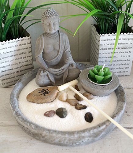 Japanischer Steingarten mit Buddha und Kerze — SET 6-tlg + 2 Dekoherzen aus Holz - 2