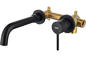 ONECE Flush-Mounted Washbasin Tap, Wall Fitting Bathroom with Spout Length 202 mm, Wall Mounted Bathroom Tap with 360° Rotating Spout & Removable Bubbler, Wall Tap for Bathroom, Matte Black