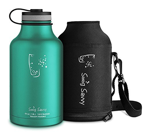 Swig Savvy's Botella de Agua aislada y Botella de Cerveza de Boca Ancha, Capacidad de 64 onzas, diseño de Doble Pared para Bebidas frías y Calientes con Bolsa para Botella de Agua, Verde