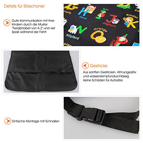 BAYTTER® Rücksitzschoner Rückenlehnenschutz + Rücksitz Organizer mit großer Kapazität, mit durchsichtigem iPad Tablet Fach, für Kinder Früherziehung wasserdicht, mit Mustern von „Alphabet-Muster“, 60 x 45cm, passend für jedes Auto - 6