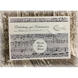 Einladung Einladungskarte Kommunion Konfirmation Musik Melodie Fisch silber grau hellgrau