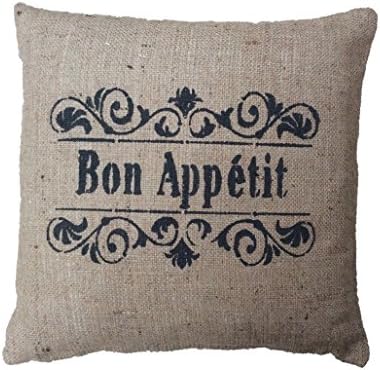 Bon Appetit Hand painted French shabby chic rustic hessian Burlap beige country style cushion cover (16"x16")