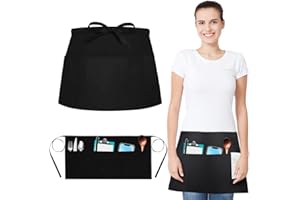 KITERI 2 Pcs Waist Apron Waitress Apron Waiter Aprons Unsex Gardening Half Apron Black Short Apron Cotton Black Apron Cooking Kitchen Apron with 3 Large Pockets for Catering Work Bistro Restaurant