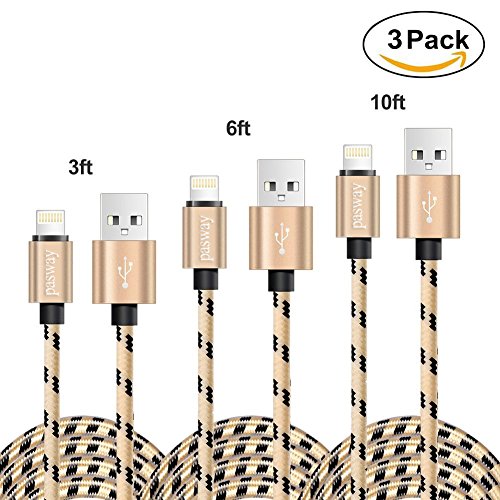 Pasway Lightning Kabel Nylon geflochten, 3 Pack (3FT, 6FT, 10FT), Lightning Durable Nylon geflochten extra lange Schnelle Ladekabel 2.0 A Micro USB Cord für iPhone 7/7 Plus / iPhone 6S / 6S Plus / 5 / 5s / 4 / SE IPad iPod (Gold)