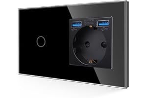 JIMEIDA Toma USB con interruptor de luz en negro, Toma Schuko 3 en 1 de cristal de 16A de empotrar con 2 cargadores USB (2.1A), interruptor de pared táctil de 1 vía 1 pin con LED de estado, 86mm*157mm