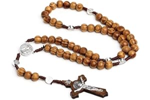 EOYVAIL Crocifissi，Collana rosario in legno d'ulivo, rosario croce fatto a mano, collana di perline croce, croce cattolica, con croce di Gesù (colore caffè)